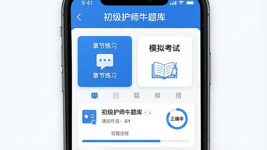 手机屏幕中展示一款护理考试题库应用界面,画面中央为题库首页布局,上方显示“初级护师牛题库”字样,中部排列章节练习与模拟考试入口卡片,下方为题目列表与答题进度条,整体采用蓝白配色,风格清爽简洁,细节包含答题卡图标与正确率圆环,画质清晰,干净无多余元素