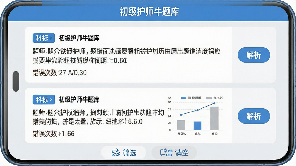护理考试题库应用的错题本界面,手机屏幕中央展示错题列表布局,顶部标注“初级护师牛题库”字样,每条错题显示科目标签、题干摘要与错误次数,右侧配有展开解析按钮,底部为筛选与清空操作栏,整体采用浅灰与蓝色搭配,风格整洁有序,细节包含错题统计图表,画质清晰,无杂乱元素