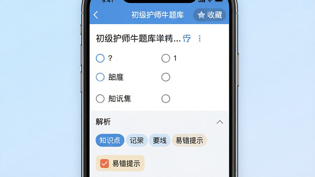 一款护理题库应用的学习界面,画面主体为手机屏幕展示题目详情页,上方显示“初级护师牛题库”标题栏,中部为单选题题干与四个选项,下方展开详细解析区域,配有知识点标签与易错提示图标,背景为浅蓝色渐变,风格专业清晰,细节包含答题进度与收藏按钮,画质干净,无多余装饰元素