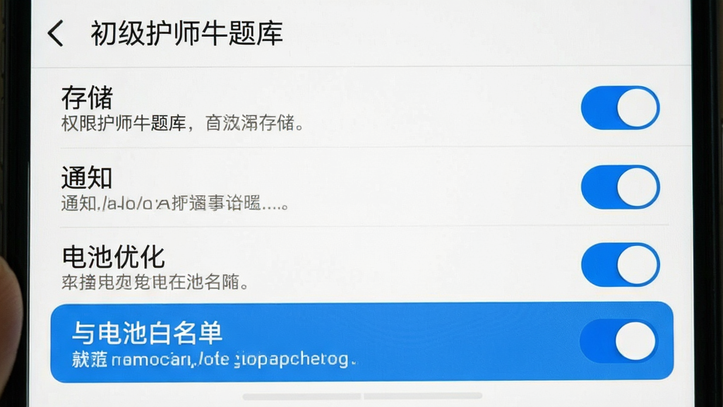 手机应用设置界面截图风格,画面展示权限管理与存储选项页面,顶部标注“初级护师牛题库”应用名称,中部列出存储、通知、电池优化等权限开关,其中存储权限与电池白名单项高亮显示,整体采用浅色背景与蓝色开关控件,风格简洁实用,细节包含权限说明文字与返回箭头,画质清晰,无多余元素