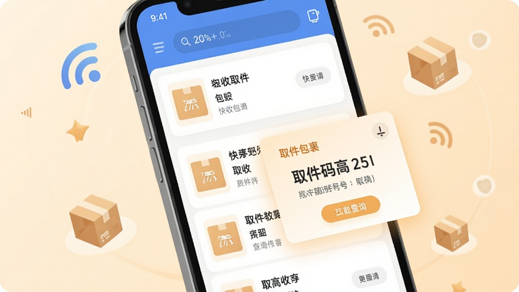 快递取件一键查询手机号关联查询功能界面,手机屏幕显示待收包裹列表与取件码高亮卡片,背景为柔和暖色调,周围有手机信号与包裹图标点缀,风格清新浅色,画质清晰,干净无杂乱