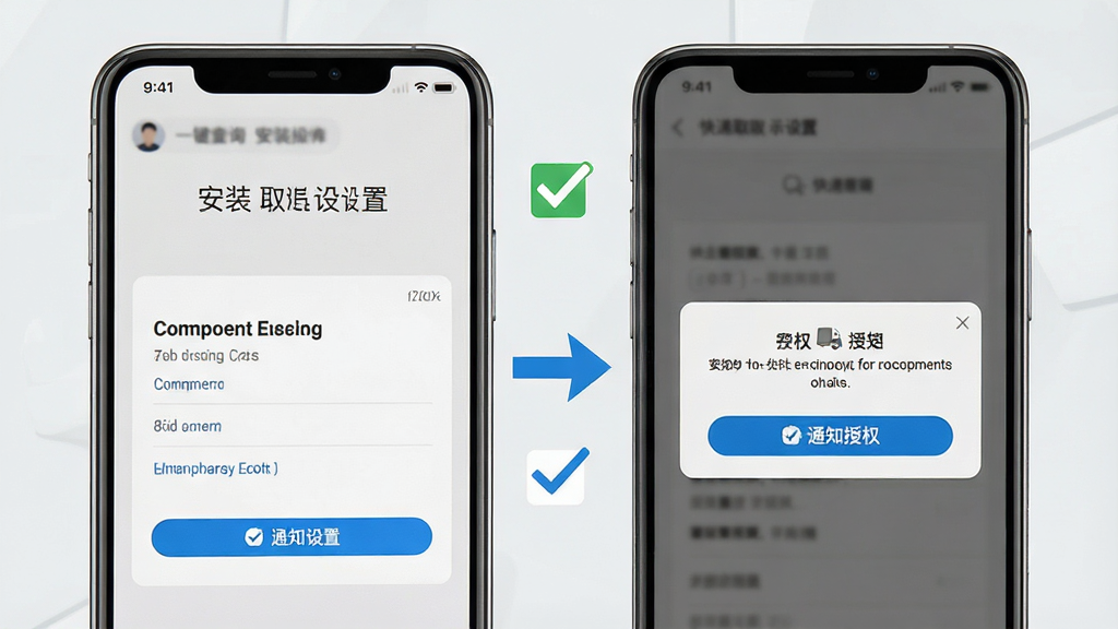 快递取件一键查询新手安装操作示意图,手机屏幕展示安装权限设置页面与通知授权弹窗,旁边配有勾选与箭头指引图标,背景为浅灰色极简风格,画质清晰,干净无多余装饰