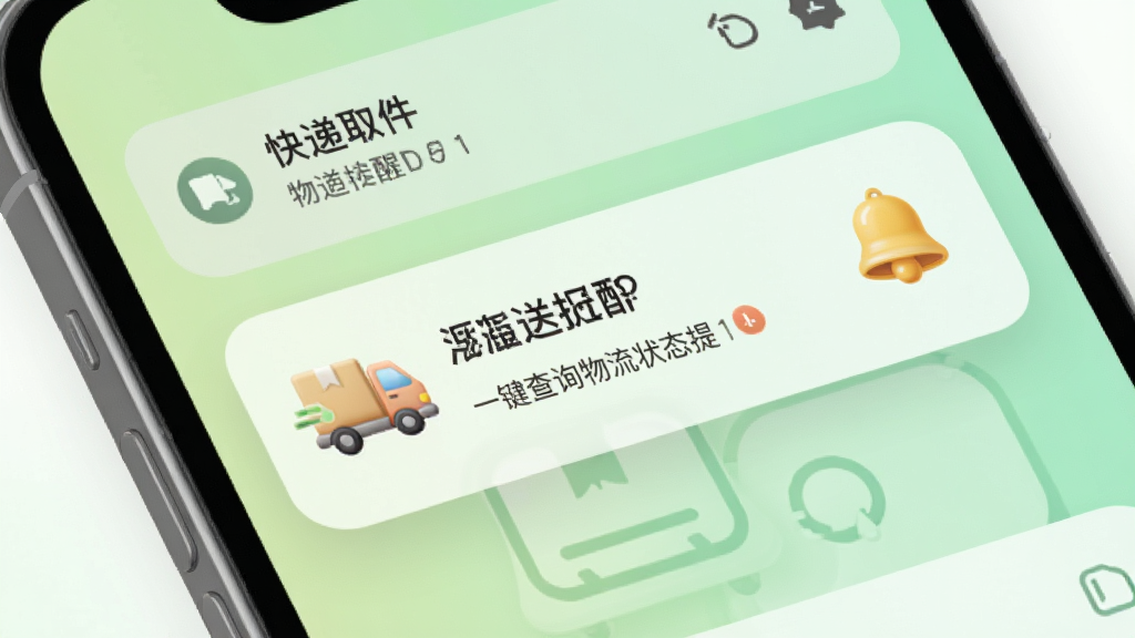 快递取件一键查询物流状态提醒功能展示,手机通知栏弹出派送提醒卡片,屏幕背景为浅绿色渐变,配有小型快递车与铃铛图标,风格柔和圆角,细节精致,画质干净清爽