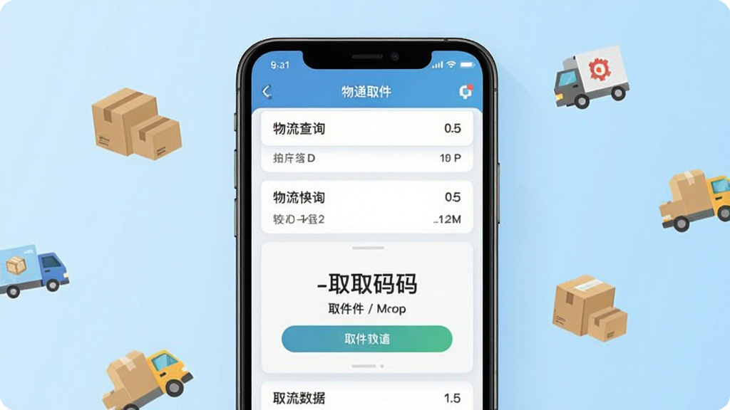 快递取件一键查询软件主界面展示,手机屏幕居中放置,屏幕内显示清晰的物流查询结果列表与取件码卡片,背景为浅蓝色渐变,周围点缀快递纸箱与物流货车小图标,整体风格简洁清爽,扁平化设计,画质清晰干净,无多余元素