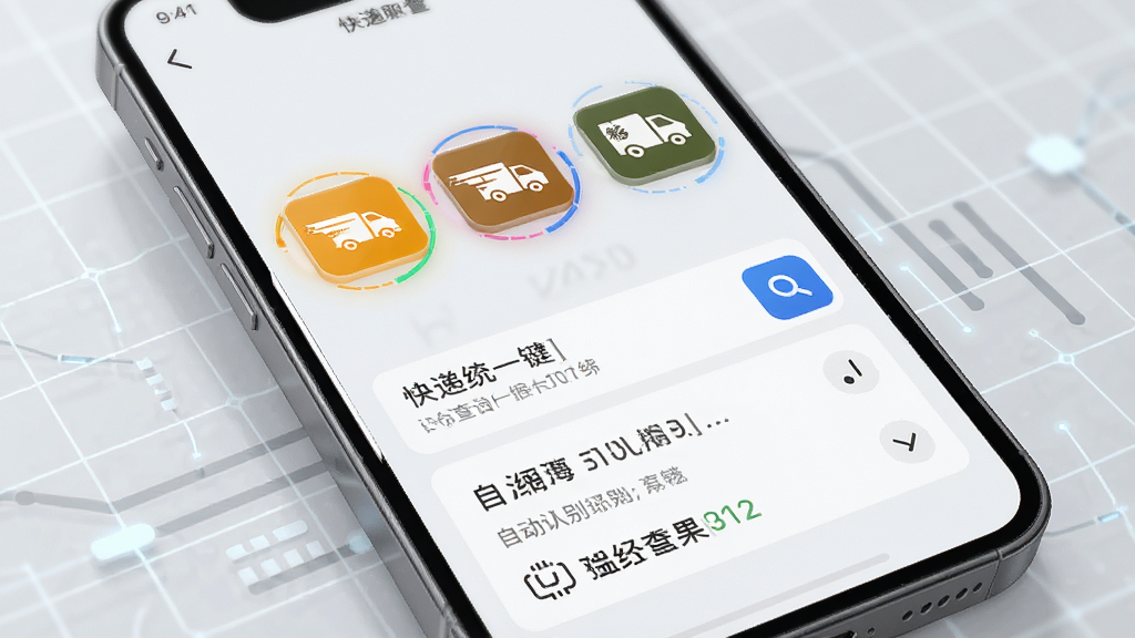 快递取件一键查询多平台聚合查询功能展示,手机界面中并列排列多家快递公司图标,下方显示统一查询输入框与自动识别结果,背景为淡灰色科技感网格,风格商务简约,细节清晰,画质干净