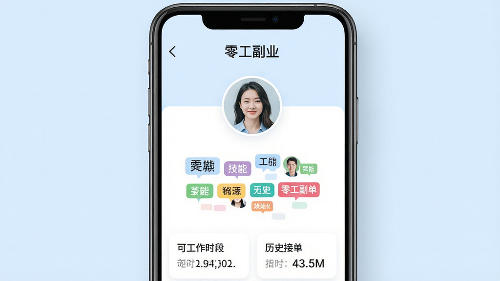 �ֻ�Ӧ�ø�����ҳչʾͼ���������ֻ���Ļ��ʾ���㹤��ҵ����������ҳ�棬����ͷ�񡢼��ܱ�ǩ�ơ��ɹ���ʱ�������ʷ�ӵ�����������Ϊǳ��ɫ�����־��жԳƣ��������ǳɫ��ϸ�ڰ���Բ��ͷ������ɫ��ǩ�����ʸ��壬����ɾ����޶���Ԫ��