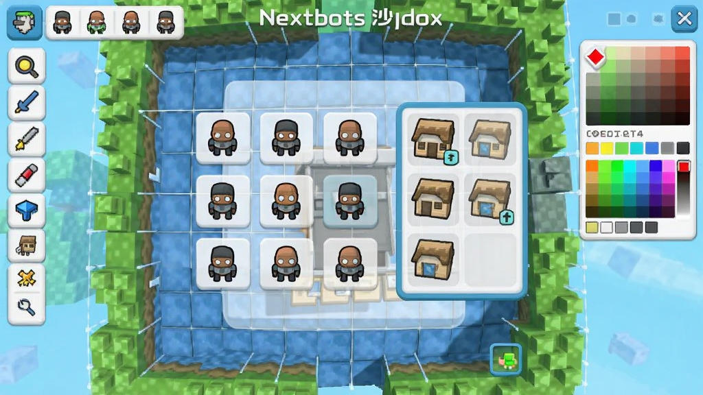 ����Nextbotsɳ�б༭���棬��������Ϊ�����ӽǵķ����ͼ����������Ϊ����ק��Nextbots��ɫͼ���뽨��ģ����壬���ܻ��ƹ���������ɫѡ���������Ϊ���������Ŀ�ͨUI���ϸ�ڰ��������ߡ���͸������Ԥ�����ɫСͼ�꣬���������ɾ����޶���Ԫ��