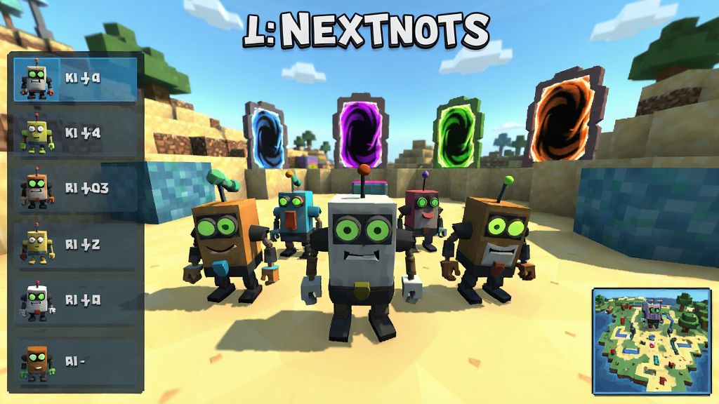 һ��չʾ����Nextbots��Ϸ�������ȫ��ͼ����������Ϊ�Ͷ���ο�ͨ����ɳ�г���������վ���������͸����Nextbots��ɫ��������������������ɫ�����ţ����ֲ������ҷ���չʾ��ɫ�б����ͼ����ͼ�����Ϊ�������õ���Ϸ�������磬ϸ�ڰ�����ɫ���顢�����������Ӱ��Σ����������ɾ����޶���Ԫ��