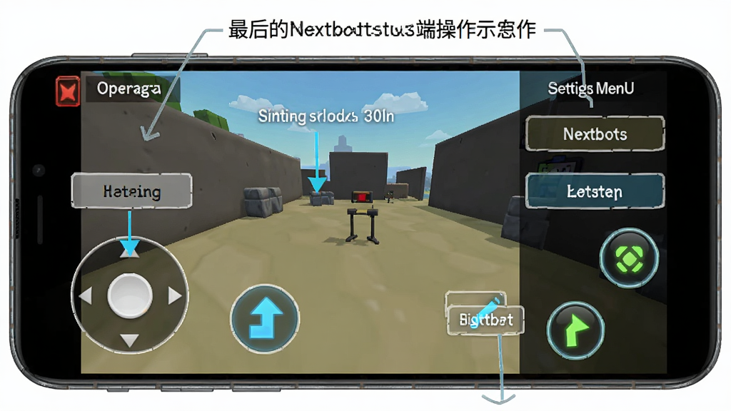 ����Nextbots�ֻ��˲�������ʾ��ͼ����������Ϊ������Ϸ����������ҡ�ˡ���Ծ��ť�Ĳ��ֱ�ע�����ֲ������ҷ���չʾ�������������ò˵������Ϊ����˵��ͼ���ϸ�ڰ�����ť��������ͷָʾ�����ֱ�ע�򣬻��������ɾ����޶���Ԫ��