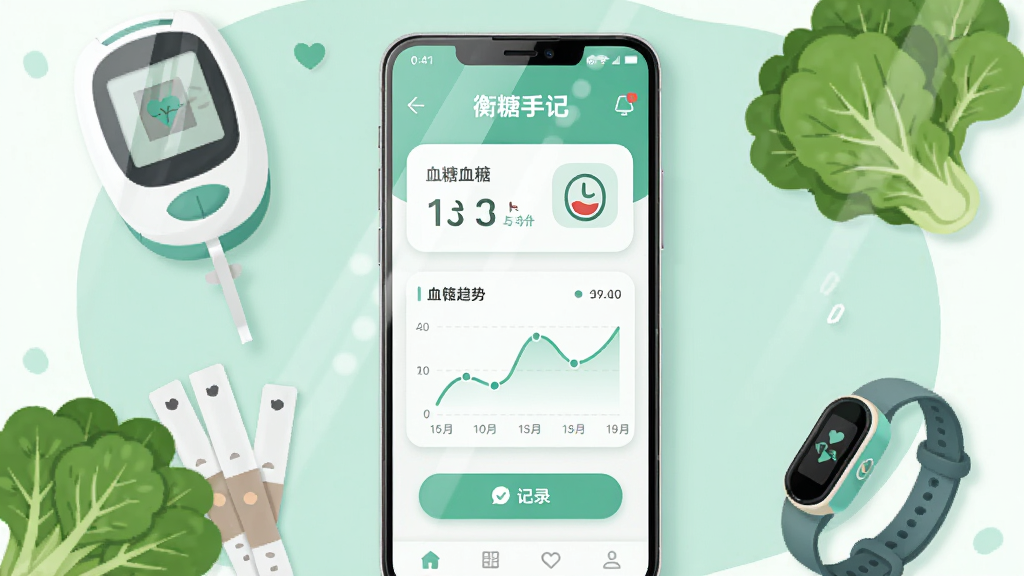 画面主体为一部竖屏安卓手机,屏幕中央显示“衡糖手记”应用主界面,界面上有血糖数值卡片、折线趋势图和记录按钮,手机周围散布着血糖仪、试纸、绿色蔬菜和运动手环等健康元素,布局采用居中对称构图,手机位于画面正中,健康元素环绕四周,风格为清新扁平化插画,色调以薄荷绿和白色为主,细节上手机屏幕有轻微反光,图标圆润清晰,画质高清,画面干净,无多余元素