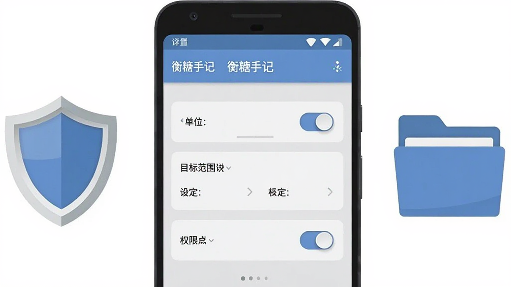 画面主体为一部安卓手机屏幕显示“衡糖手记”设置页面,页面中有单位选择、目标范围设定和权限开关选项,手机旁边放置一个盾牌图标和备份文件夹图标,布局为手机居中,图标分列两侧,风格为简洁扁平插画,色调以浅灰和蓝色为主,细节上开关按钮有立体感,文字清晰,画质高清,画面干净,无多余元素