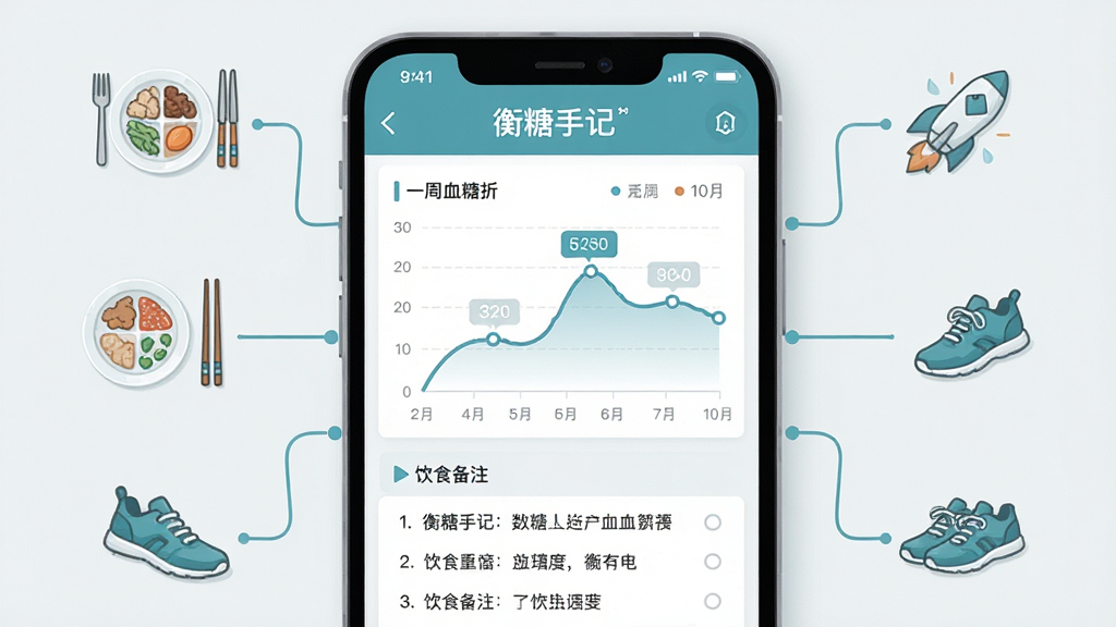 画面主体为“衡糖手记”应用的数据统计页面截图风格插画,页面显示一周血糖折线图和饮食备注列表,旁边配有餐盘、筷子、运动鞋等小图标,布局为手机界面占据画面主体,周围用线条连接相关生活元素,风格为清爽信息图风格,色调以蓝绿色和浅灰色为主,细节上折线图节点有数值标注,备注文字清晰,画质高清,画面干净,无多余元素