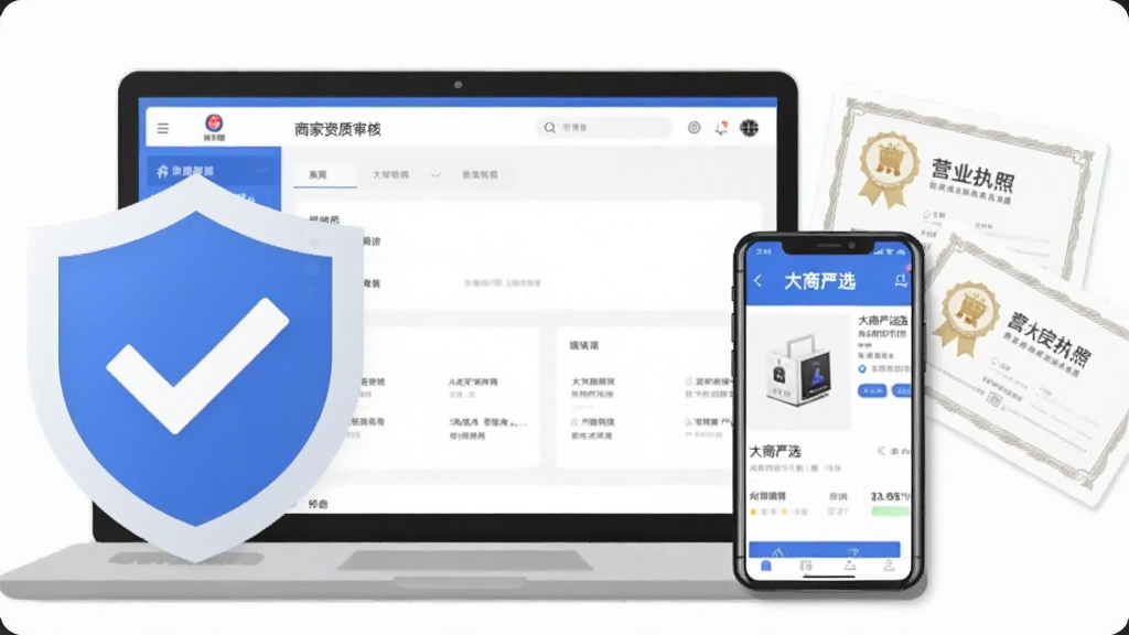 画面主体为一台打开的笔记本电脑与一部手机并排摆放,电脑屏幕上显示商家资质审核后台界面,手机屏幕显示
