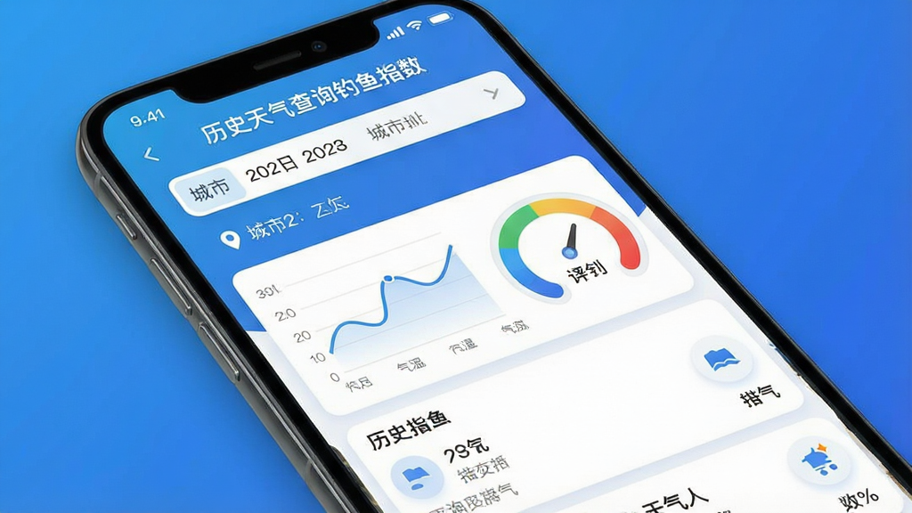 一张手机应用界面展示图,画面中央是一部竖屏智能手机,屏幕内显示“历史天气查询钓鱼指数”应用的主页,上方是日期选择栏与城市定位,中部是气温折线图与钓鱼指数圆形评分仪表盘,下方是历史天气列表卡片,整体布局清晰,排版整洁,风格为现代扁平化移动端UI设计,细节包括蓝色渐变主色调、白色卡片、圆角图标,画质高清,干净,无多余元素