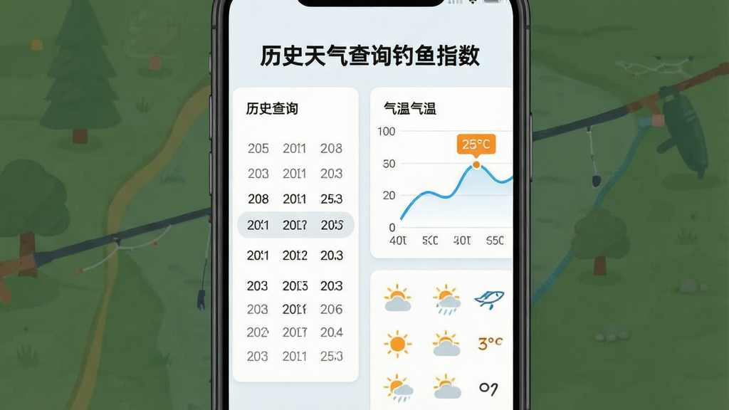 一张“历史天气查询钓鱼指数”应用功能展示图,画面主体为手机屏幕内显示历史天气查询页面,左侧是日期选择器,右侧是气温折线图与天气图标列表,屏幕上方有“历史天气查询钓鱼指数”文字标识,布局为左右分栏的移动端界面,风格为清爽浅色系扁平设计,细节包括蓝色折线、橙色温度标注、白色背景卡片,画质高清,干净,无多余元素