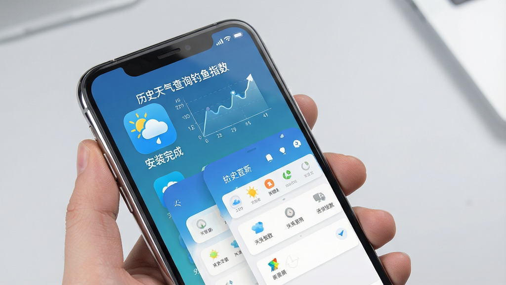 一张手机应用安装与使用场景示意图,画面为一只手握持智能手机,屏幕内显示“历史天气查询钓鱼指数”应用已安装完成的桌面图标与打开后的首页界面,背景为简洁的浅灰色桌面,布局为手持设备特写构图,风格为写实产品展示风,细节包括手机边框反光、屏幕内应用界面清晰、图标为蓝色天气主题,画质高清,干净,无多余元素