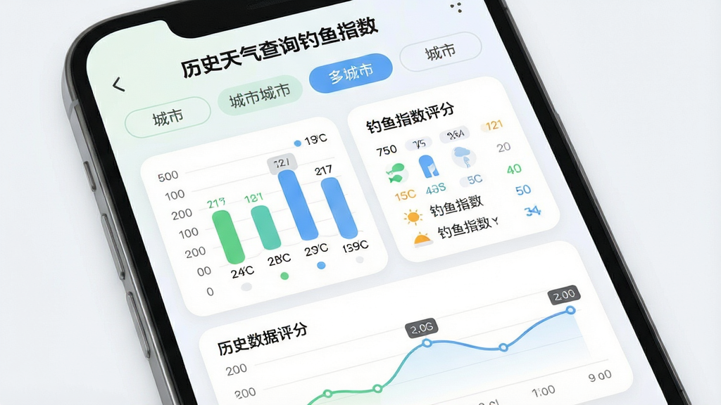 一张“历史天气查询钓鱼指数”应用数据图表页面展示图,画面为手机屏幕内显示多城市天气对比界面,上方是城市标签切换栏,中部是并列的温度柱状图与钓鱼指数评分卡片,下方是历史数据折线图,布局为上下结构移动端排版,风格为柔和圆角浅色设计,细节包括绿色与蓝色图表配色、白色圆角卡片、简洁图标,画质高清,干净,无多余元素