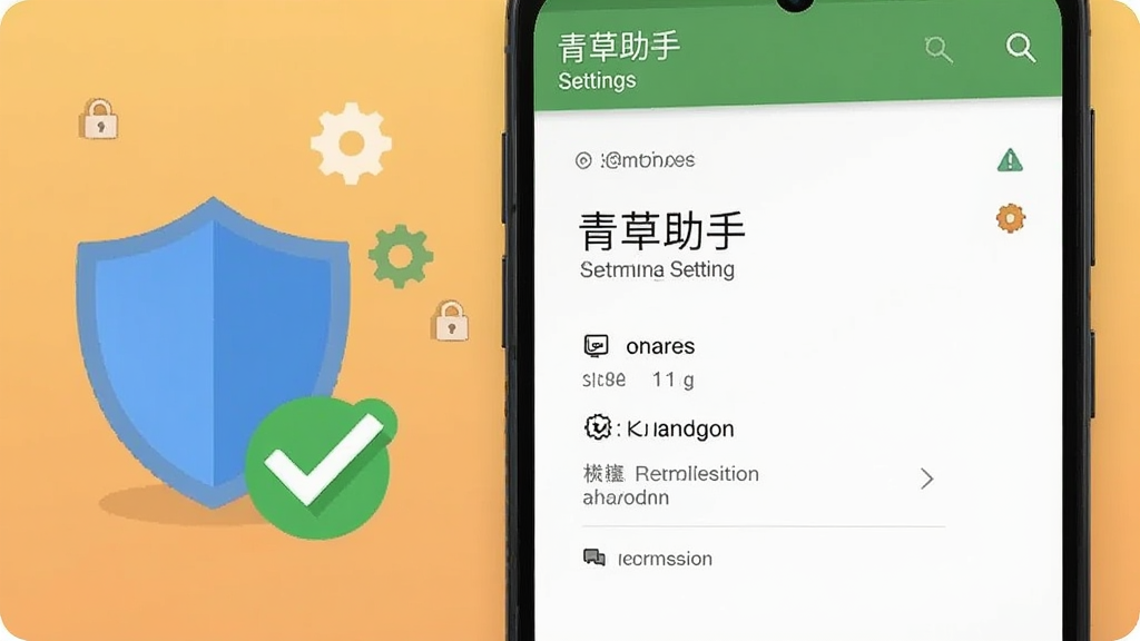 画面为一部安卓手机屏幕特写,屏幕上显示青草助手设置页面和权限管理界面,旁边放置盾牌图标和勾选标记,背景为浅橙色渐变,扁平化风格,包含齿轮、锁、警告三角等小图标点缀,排版清晰,画质干净,无多余元素