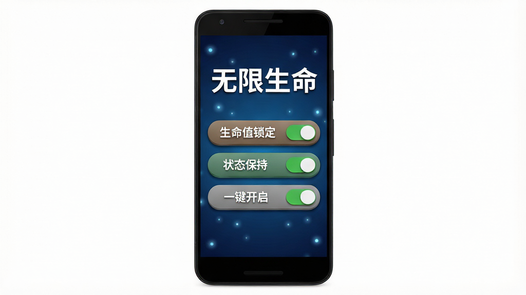 一幅横版安卓手机界面展示图,画面中央是一部竖放的黑色智能手机,屏幕内呈现简洁的游戏辅助控制面板,面板顶部写着“无限生命”四个白色粗体字,下方排列生命值锁定、状态保持、一键开启等开关按钮,按钮以绿色和灰色区分开启与关闭状态,背景为深蓝色渐变,四周点缀轻微发光的光点,整体风格干净清爽,排版居中对称,细节上按钮带圆角与细微投影,画质清晰锐利,无多余装饰元素
