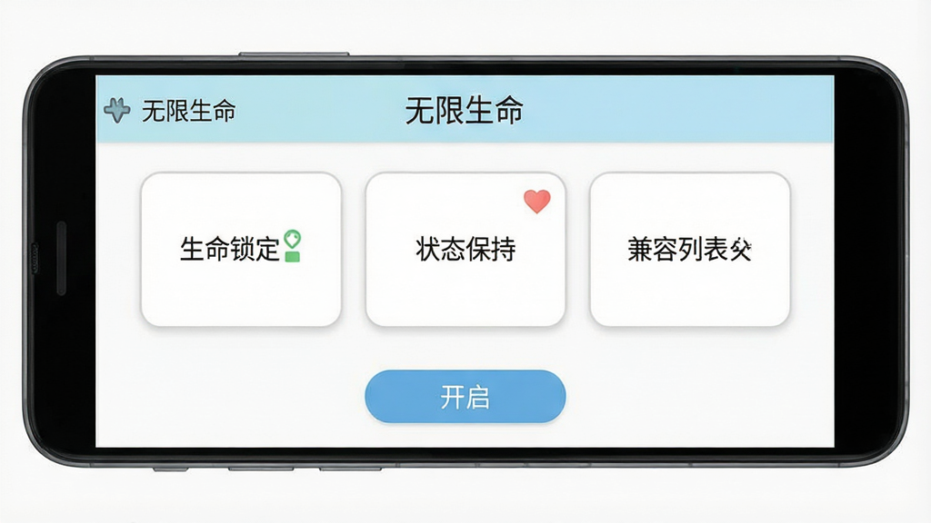 一幅应用界面全景图,画面为一部横放的安卓手机,屏幕内展示“无限生命”应用的主界面,顶部标题栏写有“无限生命”字样,中部为功能卡片式布局,卡片上分别标注生命锁定、状态保持、兼容列表等中文标签,底部为开启按钮,整体风格清新浅色,排版整齐留白充足,细节上卡片带浅灰边框与圆角,画质清晰干净,无多余装饰