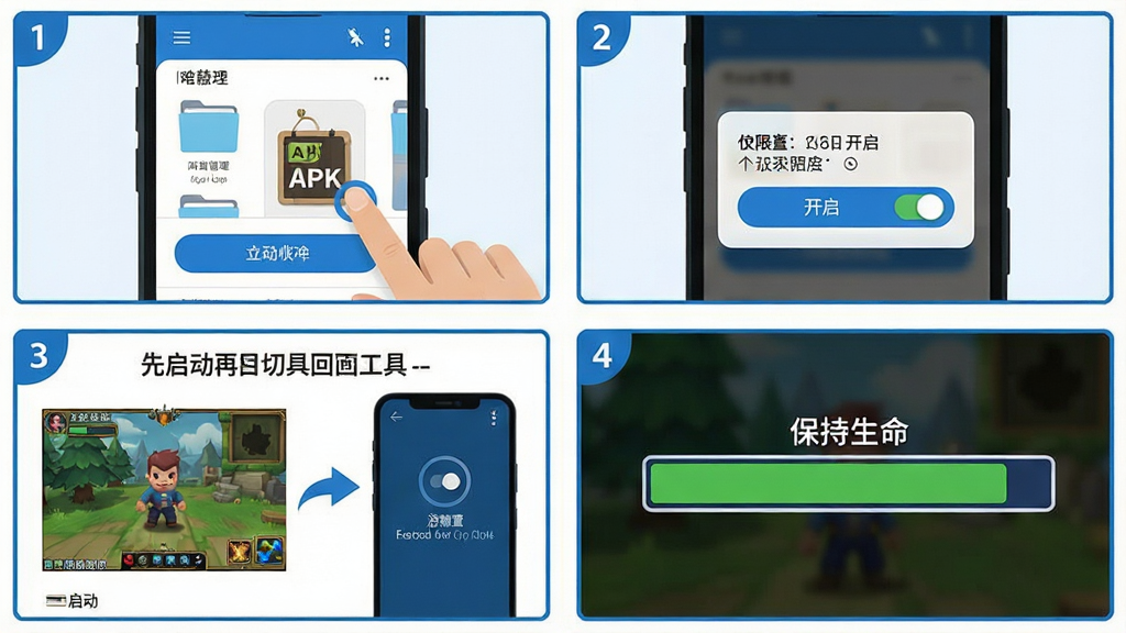 一幅操作步骤示意图,画面为四格分镜排版,第一格展示手机文件管理器中点击APK安装包的画面,第二格展示悬浮窗权限开启界面,第三格展示先启动游戏再切回工具的顺序示意,第四格展示游戏内生命条保持满格的效果,整体风格扁平插画,配色以蓝白为主,每格带简单边框和序号,细节上按钮与开关清晰可辨,画质干净,无多余文字堆砌