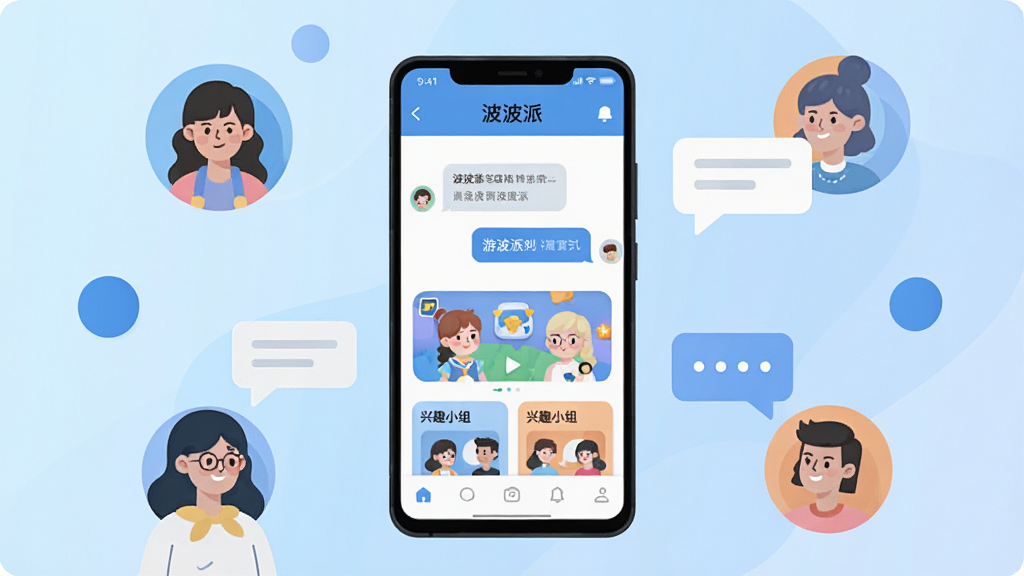 画面中央放置一部竖屏安卓手机,手机屏幕上显示“波波派”应用主界面,界面包含聊天气泡、小游戏入口和兴趣小组卡片;手机周围环绕几个扁平化风格的卡通人物头像和对话气泡;背景为浅蓝色渐变,点缀圆角几何图形;整体采用清爽现代的扁平插画风格,细节简洁,画质干净,无多余元素,图片中文字为“波波派”