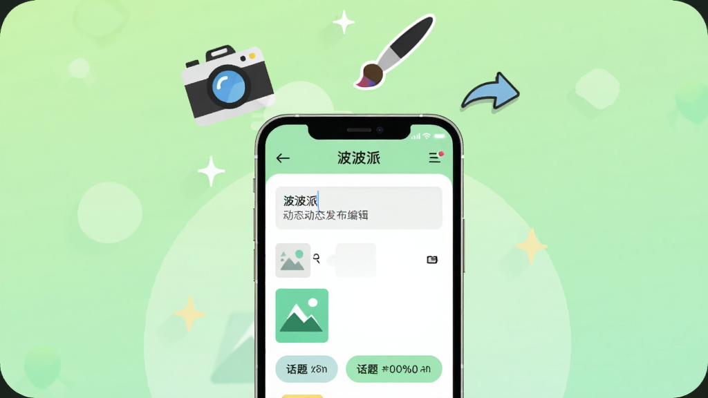 画面中央是一部手机,屏幕显示“波波派”动态发布编辑界面,包含文字输入框、图片缩略图和话题标签按钮;手机上方漂浮相机、画笔和分享箭头图标;背景为浅绿色渐变;风格为简洁扁平插画,细节干净,画质清晰,图片中文字为“波波派”