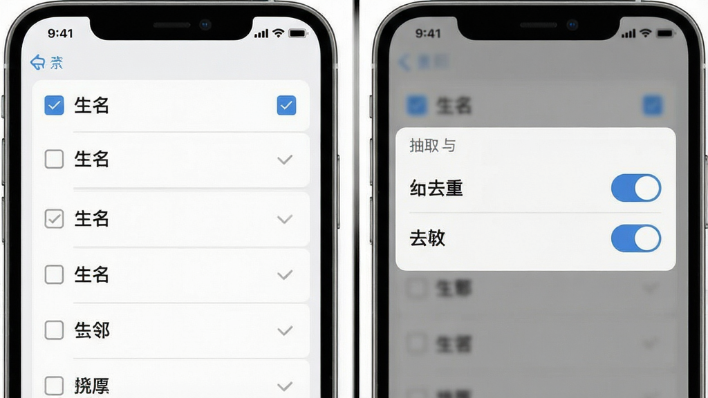 手机屏幕分屏展示点名软件的名单管理界面与抽取设置界面,左侧为姓名列表卡片,右侧为抽取人数与去重开关选项,布局为左右分栏、手机居中,风格为简约商务扁平风,细节包括勾选框、列表分隔线、浅灰底色,画质清晰干净无多余元素