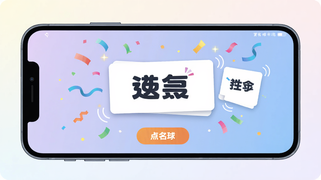 一部手机横屏展示点名软件抽取结果页面,屏幕中央用大号字体显示被点中的姓名,周围有彩带与光点装饰,布局为手机居中、背景为浅色渐变,风格为活泼扁平插画,细节包括按钮高亮、姓名卡片弹跳动效示意,画质清晰干净无多余元素