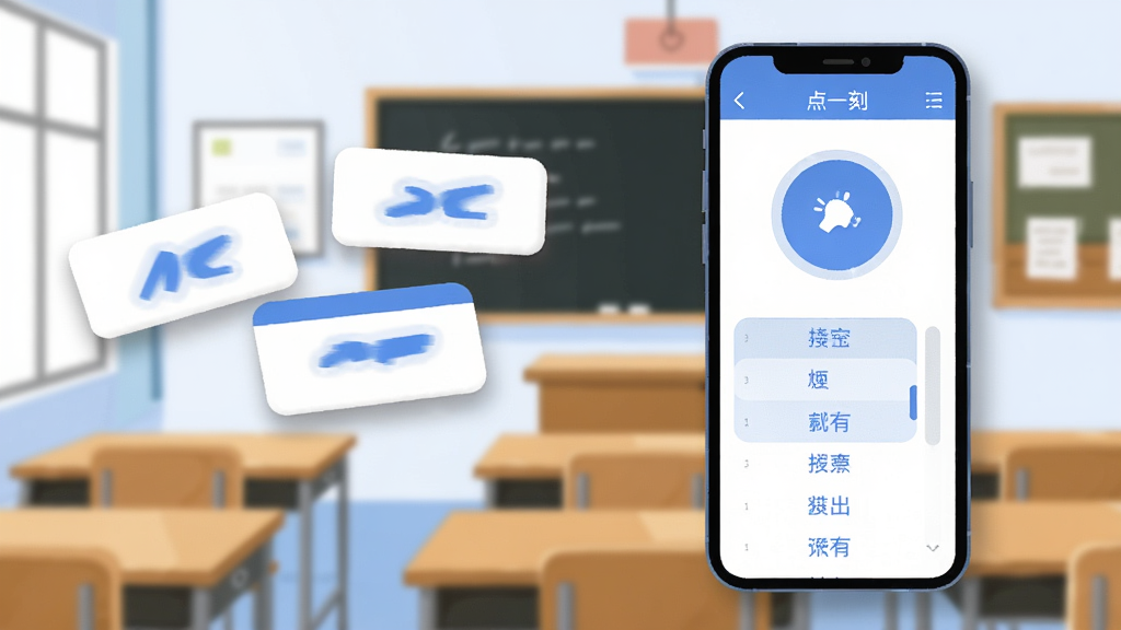 画面中央放置一部智能手机,屏幕显示点名软件界面,界面中心是大号圆形点名按钮和滚动姓名列表,背景为教室课桌与黑板元素,布局上手机居中偏右,左侧留白放置抽象化的名字卡片漂浮效果,整体风格为清爽扁平化插画,细节包括柔和阴影、圆角卡片、蓝白配色,画质清晰干净无多余元素