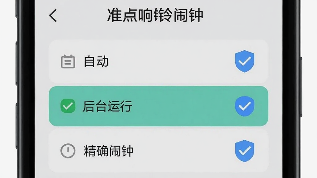 画面为一部手机屏幕显示「准点响铃闹钟」权限设置清单,清单中自启动、后台运行、精确闹钟三项被高亮勾选,旁边有盾牌与对勾图标,风格为扁平化信息图,布局纵向排列,细节清晰,画质干净,背景为浅色