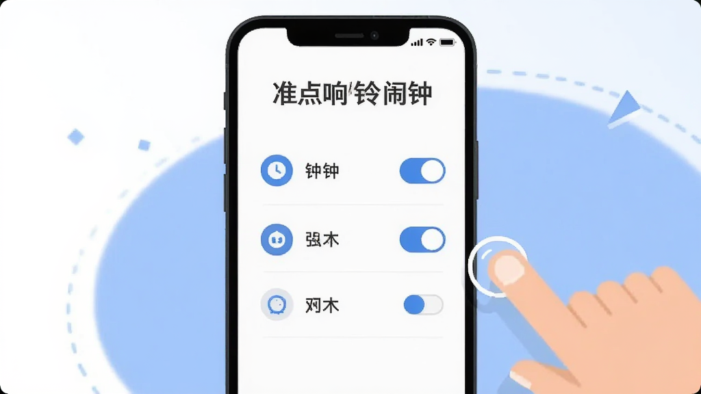 画面为手机屏幕显示权限设置引导页面,页面中有「准点响铃闹钟」标题与多个权限开关图标,旁边有手指点击示意,风格为扁平化界面插画,布局简洁,细节清晰,画质干净,背景为白色与浅蓝搭配