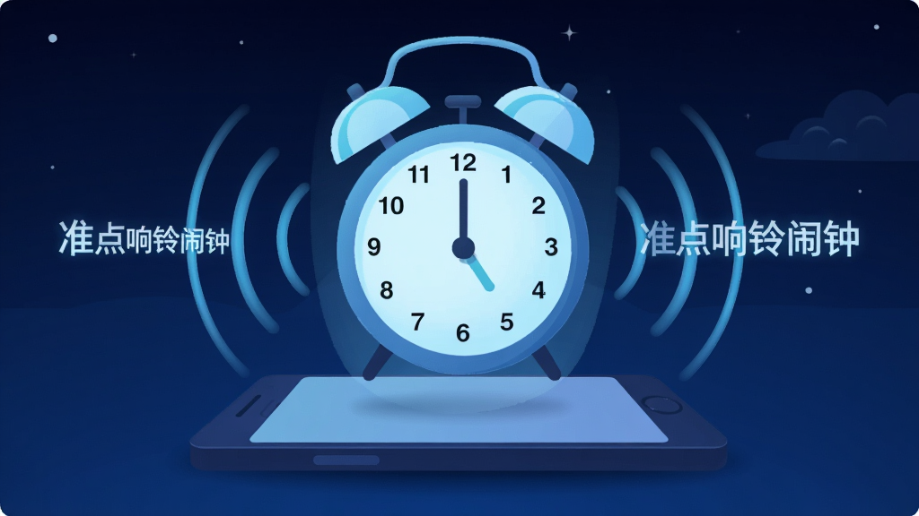 画面主体为一只发光的闹钟悬浮在手机屏幕上方,闹钟表盘指针指向整点,周围有向外扩散的声波线条与「准点响铃闹钟」字样,背景为深蓝渐变夜色,风格为扁平科技插画,布局居中,细节突出声波与光效,画质清晰,干净无多余元素