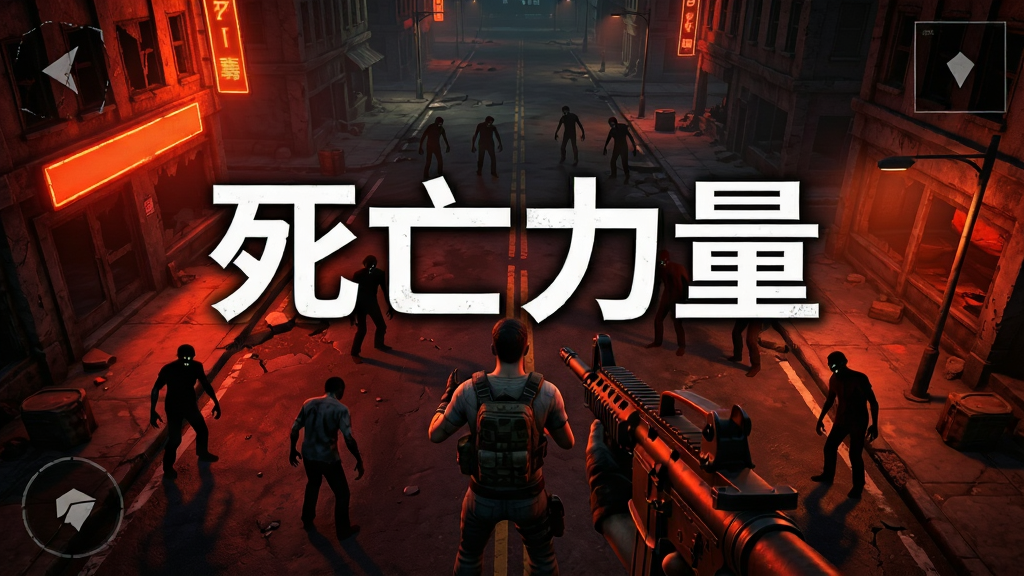 俯视角射击手游主界面,手持突击步枪的幸存者站在废弃城市街道中央,周围有僵尸剪影逼近,画面中央有醒目的