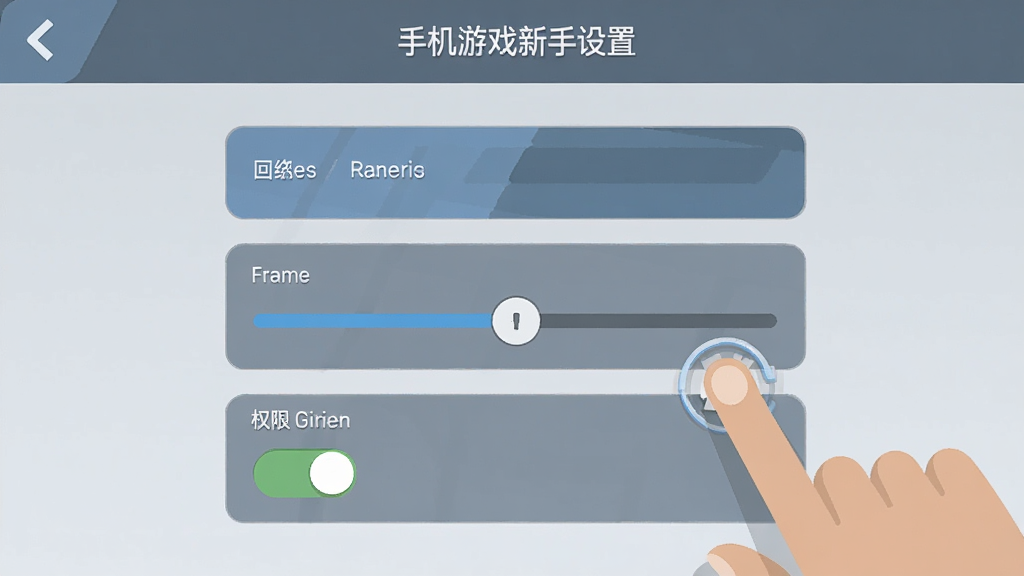 手机游戏新手设置界面,画质选项、帧率滑块、权限开关清晰可见,旁边有手指点击操作,扁平化UI风格,蓝灰色调,排版整齐,画质清晰干净