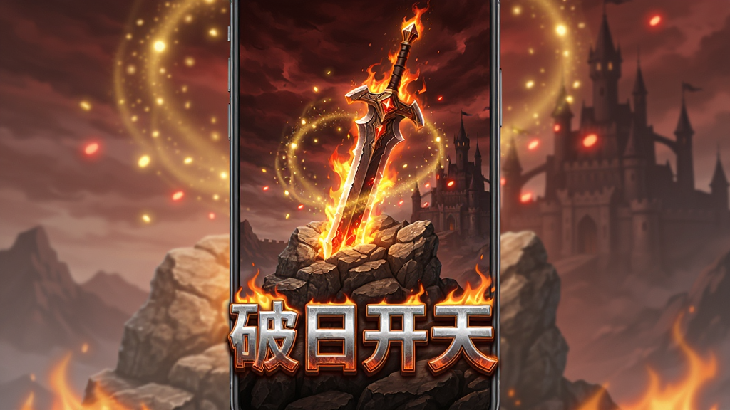 画面主体为一款传奇类手游的登录界面,中央放置一把燃烧着火焰的巨剑插在岩石之中,巨剑周围环绕着金色与红色的光效粒子,背景是暗红色的天空与远处的城堡剪影,画面下方排列着“破日开天”四个大字的立体标题,标题带有金属质感与火焰描边,整体布局为竖版手机屏幕比例,风格为东方魔幻写实游戏宣传图,细节上岩石纹理清晰、火焰粒子层次分明、光效柔和不过曝,画质为高清4K、干净无多余元素