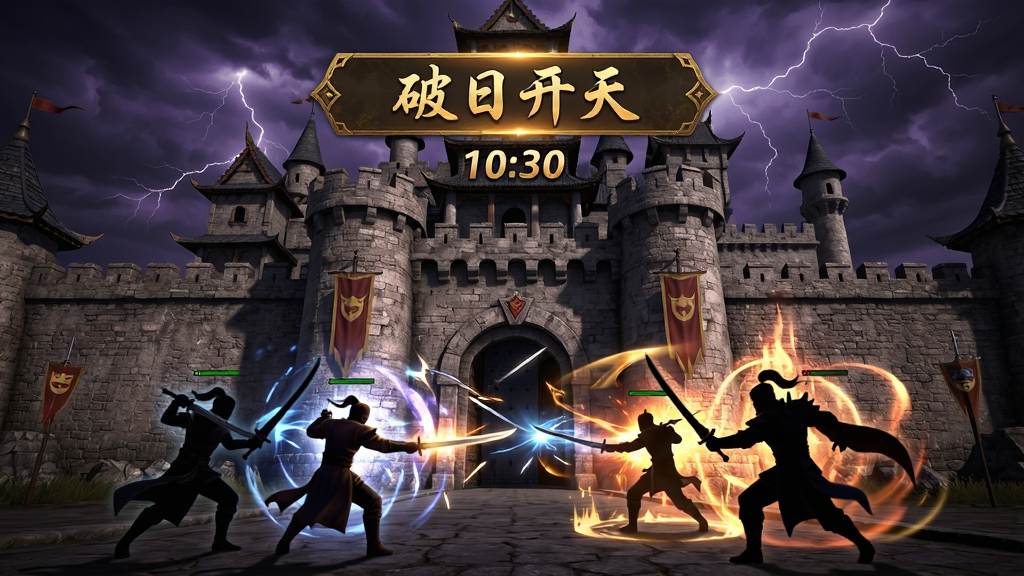 画面主体为一座雄伟的沙巴克风格城堡,城堡城门处两方玩家角色正在激烈交战,技能光效与刀光剑影交织,画面中央上方悬浮着“破日开天”字样的金色横幅,横幅下方显示倒计时数字,布局上城堡占据画面中景、交战角色分布在前景与城门处、天空为暗紫色带闪电效果,风格为东方魔幻写实游戏场景图,细节上城墙砖石纹理清晰、技能特效层次丰富不杂乱、角色剪影可辨,画质为高清4K、干净无多余元素