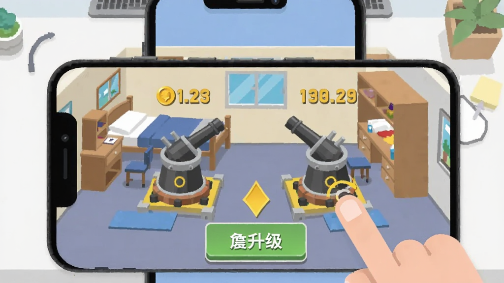 猛鬼宿舍新手教学场景图,画面为手机屏幕特写,屏幕中显示宿舍房间和两座刚建好的炮台,旁边有手指点击升级按钮的动作示意,背景为简洁桌面,风格为扁平化教程插画,细节包含金币数字和箭头指引,画质干净明亮,布局为竖版手机界面,无多余元素