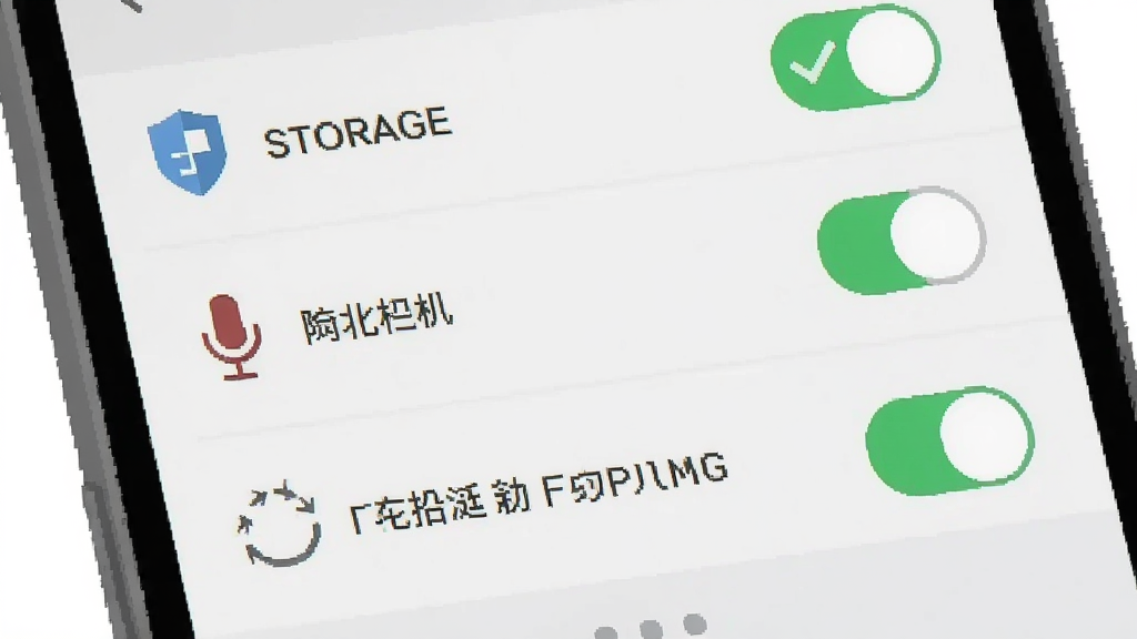 一部手机屏幕显示设置界面,界面中列出存储、麦克风、后台活动等权限开关,旁边配有盾牌与对勾图标,整体浅灰色调,扁平化说明插画风格,布局清晰,画质干净无多余文字