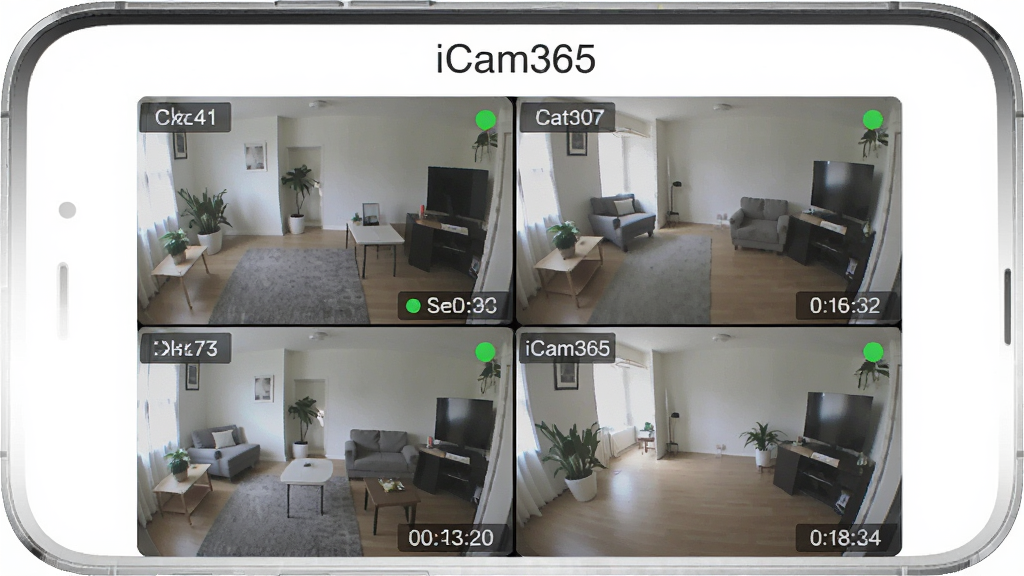 ����Ϊ�ֻ���Ļ�в�����ʾ��·iCam365��ػ��棻����Ϊ�ֻ����С��Ĺ�������ȷֲ����Ű�Ϊ�Ϸ������������֡��·��Ĺ��񣻷��Ϊ�ִ���Լ��ƽ�磻ϸ��Ϊÿ�����ͨ�����������״̬�̵㡢���½���ʾʱ�䣻���ʸ��塢�ɾ����޶���Ԫ��