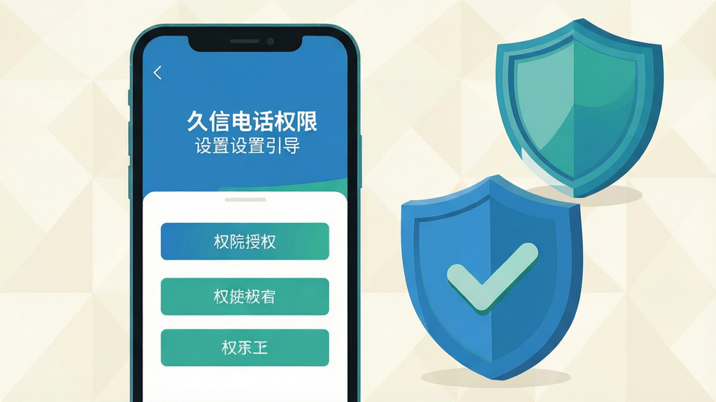 画面主体为一部手机屏幕显示久信电话权限设置引导页面,屏幕旁放置一个醒目的盾牌图标与对勾标记,象征权限授权与安全防护;布局为手机居中、盾牌位于右上角;风格为扁平插画风,配色以蓝绿为主;细节上界面按钮清晰,盾牌带有轻微立体感,背景为浅色几何纹理;画质高清,画面干净无多余元素