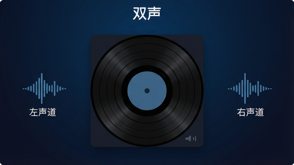 一个简洁的深色主题音乐播放器界面,中央是旋转的黑胶唱片封面,左右两侧分别标注“左声道”与“右声道”的波形图标,背景为深蓝色渐变,顶部显示“双声”软件名称,整体风格现代科技感,扁平化设计,画质清晰,干净无多余元素