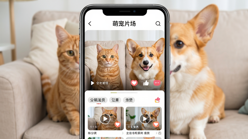 手机屏幕竖屏展示萌宠片场应用界面,画面中央是一只橘猫和一只柯基犬并排坐在沙发上观看视频,界面顶部有“萌宠片场”文字标识,下方为视频卡片网格布局,风格清新明亮,细节包含播放按钮、分类标签、点赞图标,画质清晰干净,无多余元素