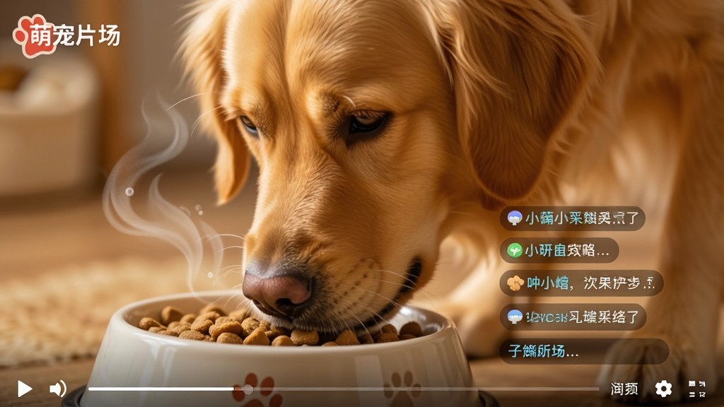 一只金毛犬低头吃狗粮的特写画面,画面角落有“萌宠片场”标识,布局为视频播放界面带评论区浮层,风格温暖治愈,细节包含食盆、飘香线条、弹幕文字,画质清晰干净