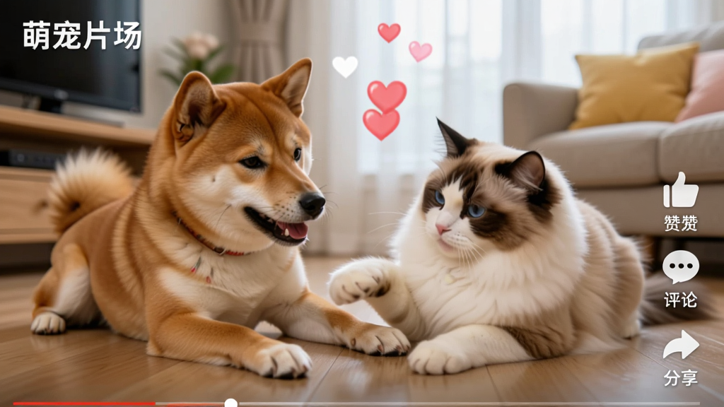 一只柴犬和一只布偶猫在客厅地板上玩耍的短视频画面截图,画面带有“萌宠片场”水印标识,布局为竖屏全屏播放界面,右侧有点赞、评论、分享按钮,风格活泼可爱,细节包含飘落的爱心特效,画质高清干净