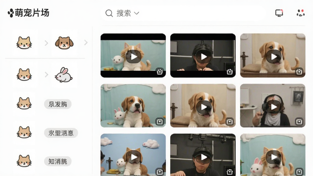 萌宠片场应用的分类筛选页面,画面左侧为宠物种类图标列表,右侧为视频缩略图网格,顶部有搜索框和“萌宠片场”文字,风格简洁清爽,细节包含猫狗兔鼠图标和筛选标签,画质清晰干净