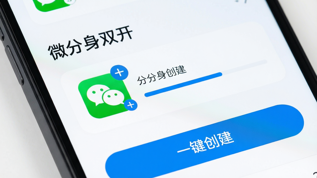 手机屏幕特写,界面中显示“微分身双开”的应用列表,一个微信图标旁出现加号按钮和分身创建进度条,屏幕下方有“一键创建”字样的按钮,风格为扁平化UI设计,配色清爽,画质干净高清