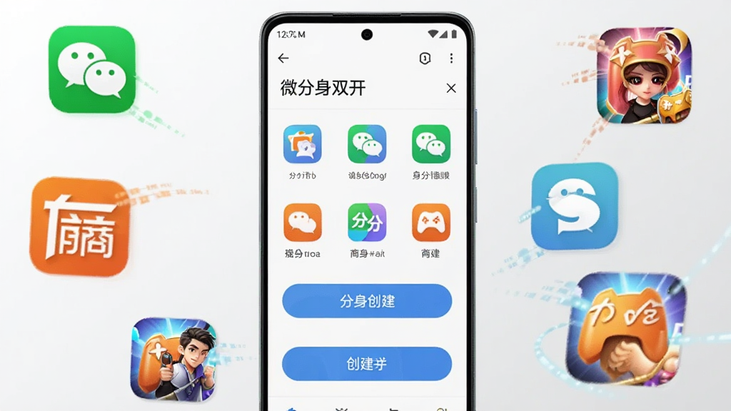 画面中央放置一部竖屏安卓手机,手机屏幕内显示“微分身双开”软件主界面,界面上整齐排列着多个应用图标和分身创建按钮,手机周围环绕着微信、电商、游戏等应用图标以体现多账号并行概念,背景为干净的浅灰渐变,整体风格简洁现代,细节清晰,画质高清,无多余元素