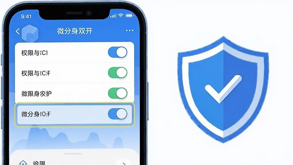 手机屏幕显示“微分身双开”设置界面,画面中有权限开关列表和高亮提示框,旁边放置一个盾牌图标象征安全防护,整体风格为科技感扁平插画,配色以蓝白为主,画质清晰干净