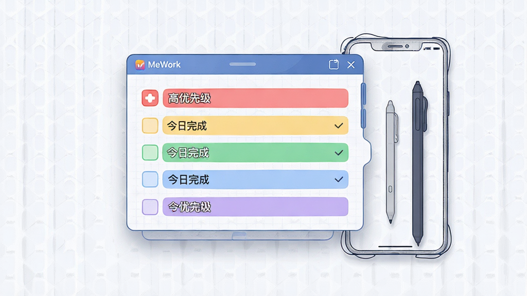 画面主体为一块悬浮的虚拟待办清单面板,面板上用不同颜色标注“高优先级”“今日完成”等条目,旁边配一支触控笔与手机轮廓,布局为居中对称,风格为清爽的商务插画风,细节处加入细密的网格底纹与轻量阴影,画质干净利落,画面中带有“MeWork”小字标识,无多余元素